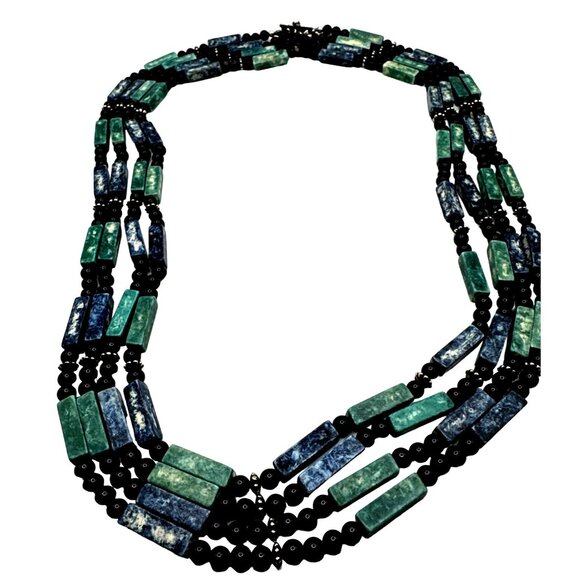 Multi Strand Boho Blue Green Boho Necklace Rectangle Shape Acrylic Beads - Picture 1 of 9